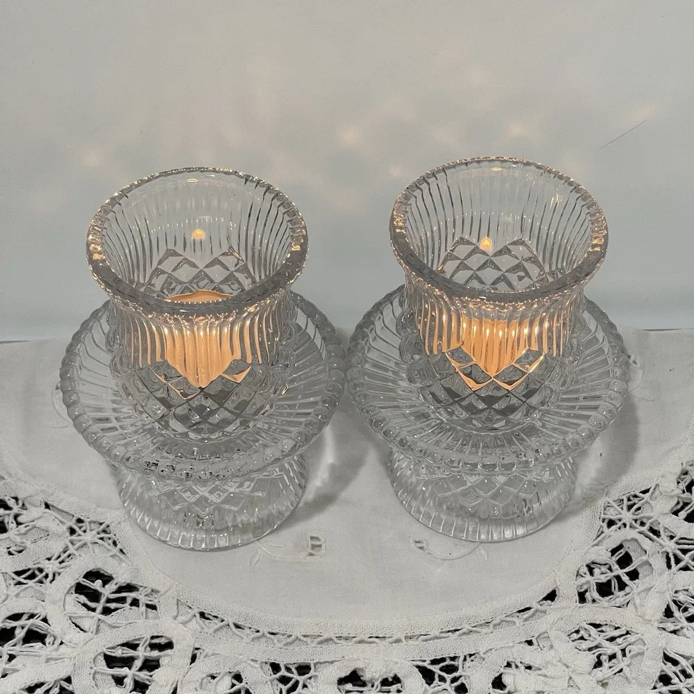 Vintage 90s PartyLite Williamsburg P7654 Votive Candle Holder Pair Lead Crystal - Picture 3 of 13